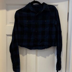 Urban Outfitters Blue and Black Plaid Cropped Button-Down Shirt